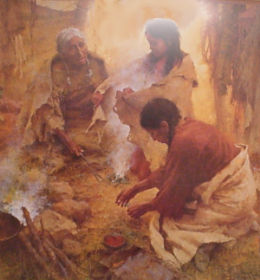 3 generations of Indian women cooking a meal-Painting is part of the art collection at the Mission.